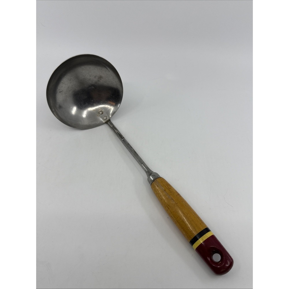 Vtg USA Stainless Steel Wok Ladle Wood Handle Mid Century Kitchen Red Yellow 10"